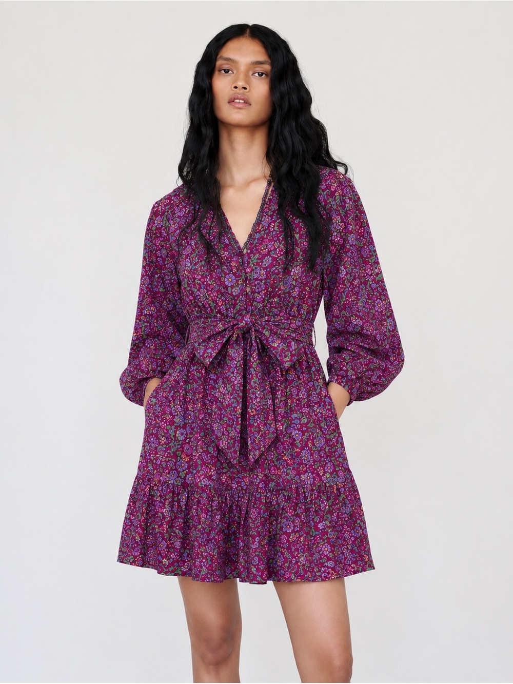 Banjanan Peony Long Sleeve Floral Dress Tiered Cotton V Neck Size Large
